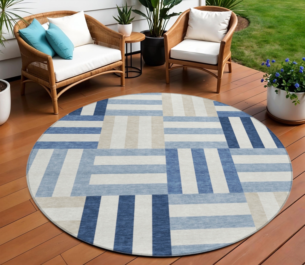 659774 8 ft. Navy Blue, Ivory & Khaki Geometric Washable Transitional Indoor & Outdoor Round Area Rug