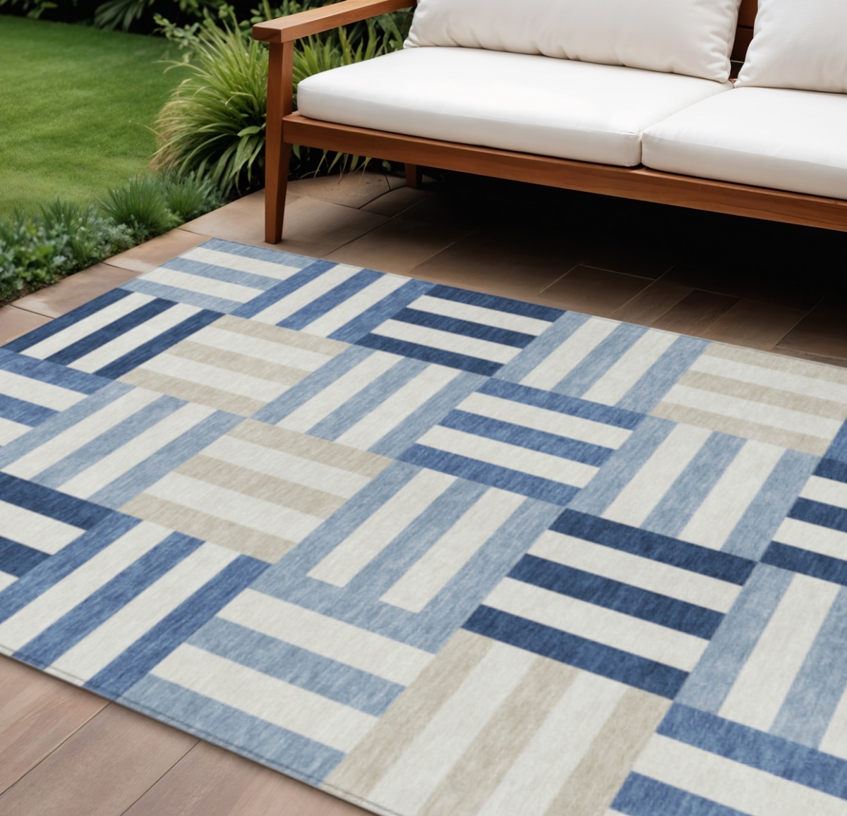 659775 8 x 10 ft. Navy Blue, Ivory & Khaki Geometric Washable Transitional Indoor & Outdoor Rectangle Area Rug