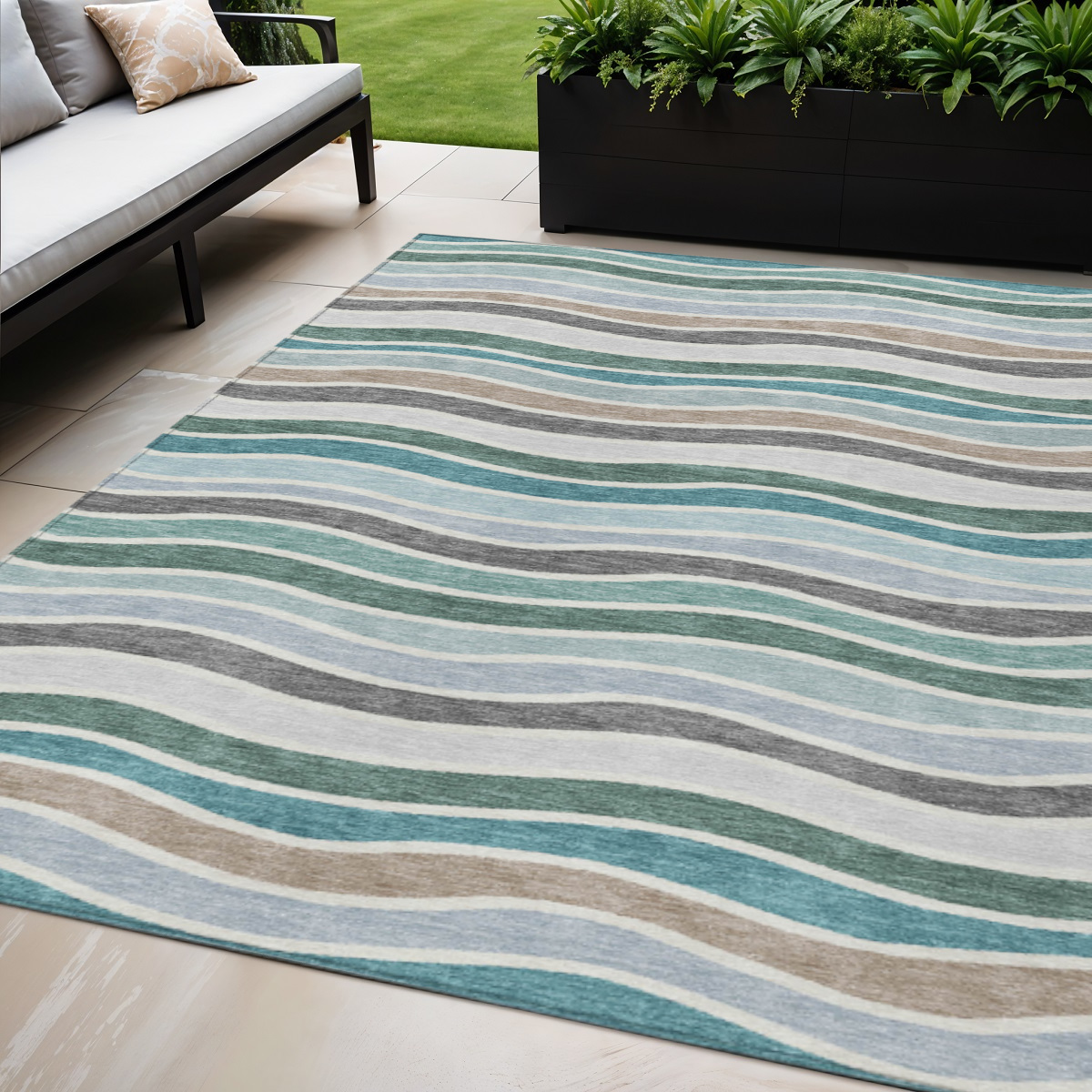 659839 5 x 8 ft. Teal Blue Khaki & Ivory Striped Washable Transitional Indoor & Outdoor Rectangle Area Rug