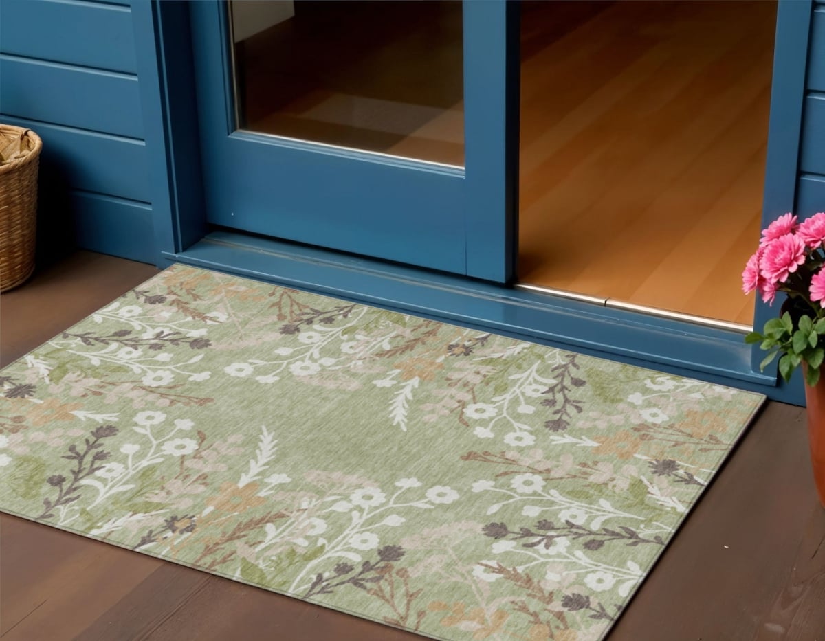 659844 3 x 5 ft. Artichoke Green Wheat & Ivory Floral Washable Transitional Indoor & Outdoor Rectangle Area Rug
