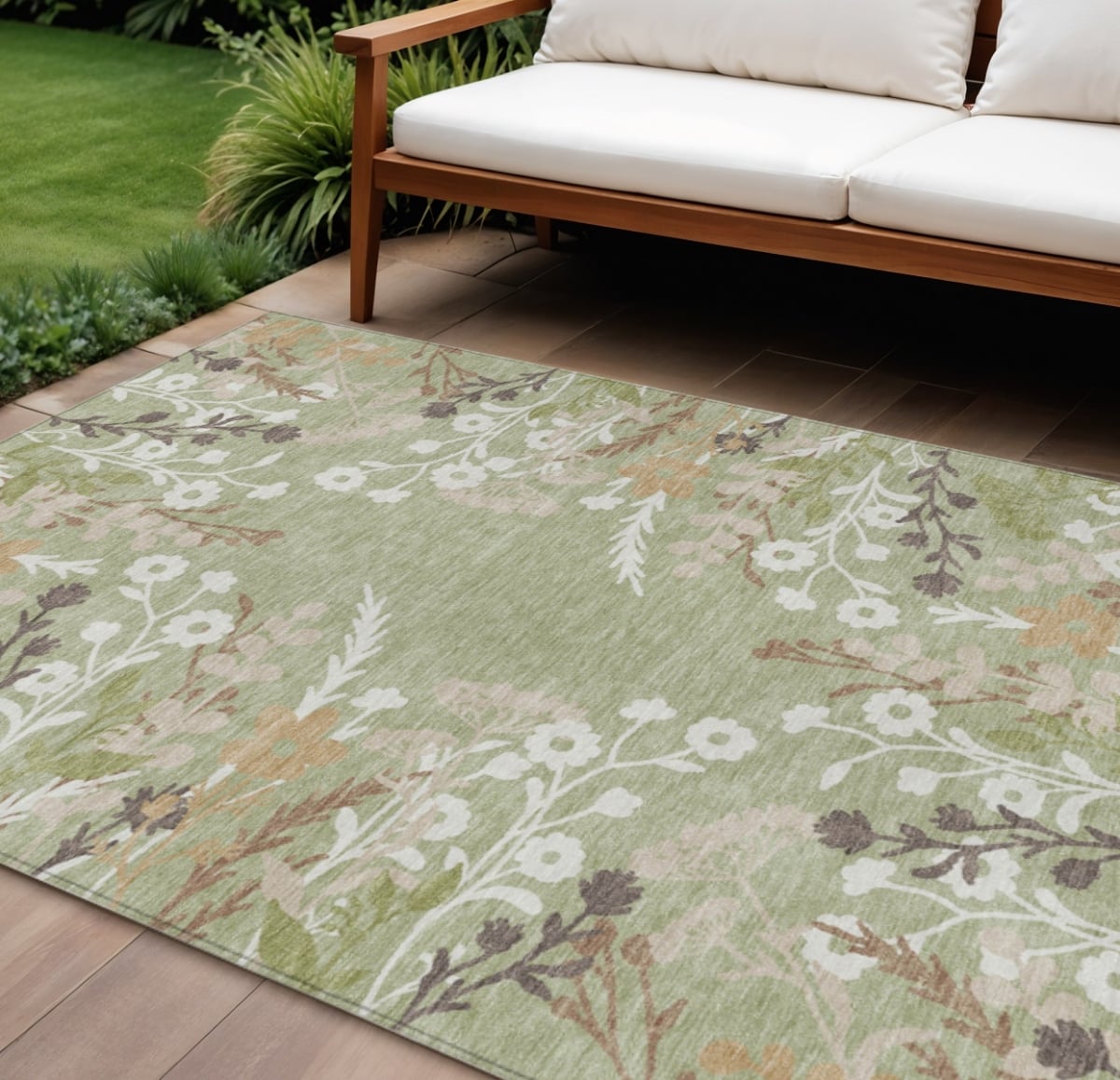 659847 8 x 10 ft. Artichoke Green Wheat & Ivory Floral Washable Transitional Indoor & Outdoor Rectangle Area Rug