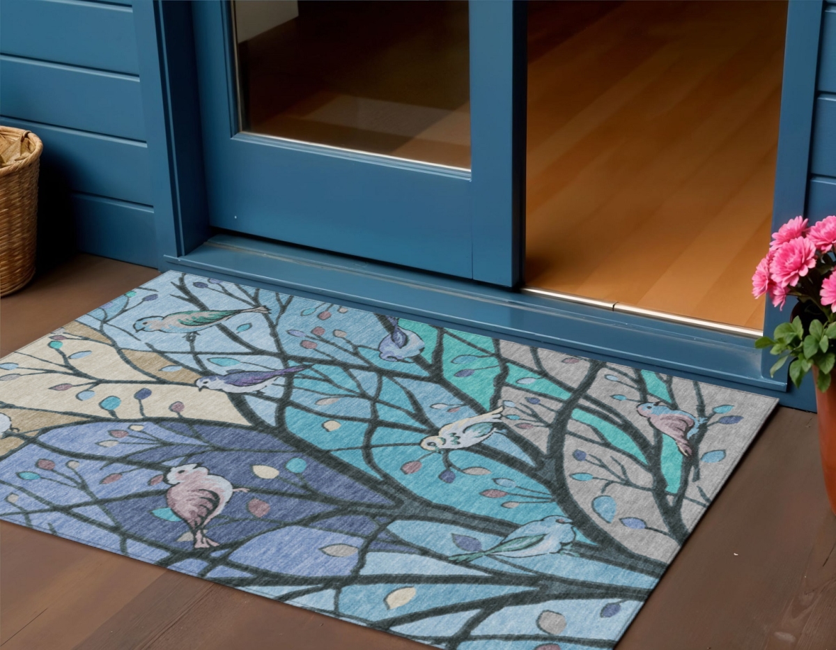 659953 3 x 5 ft. Blue Beige & Khaki Botanical Leaves Washable Transitional Indoor & Outdoor Rectangle Area Rug