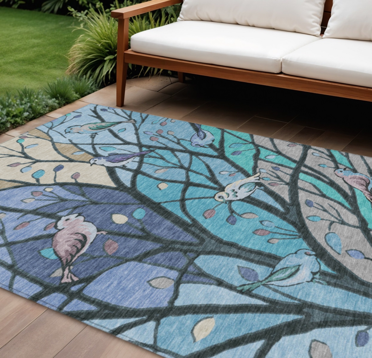 659958 10 x 14 ft. Blue Beige & Khaki Botanical Leaves Washable Transitional Indoor & Outdoor Rectangle Area Rug