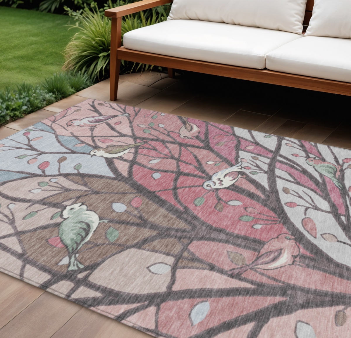 659964 10 x 14 ft. Blush Blue & Brown Botanical Leaves Washable Transitional Indoor & Outdoor Rectangle Area Rug