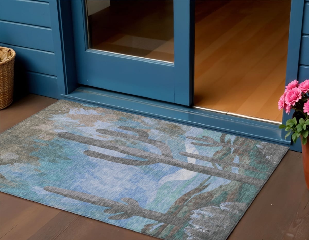 659977 3 x 5 ft. Brown Blue & Taupe Botanical Leaves Washable Transitional Indoor & Outdoor Rectangle Area Rug