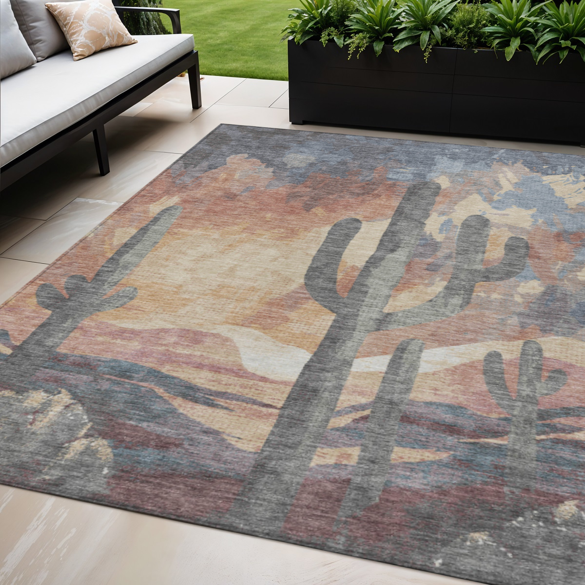 659984 5 x 8 ft. Copper Blue & Wheat Botanical Leaves Washable Transitional Indoor & Outdoor Rectangle Area Rug