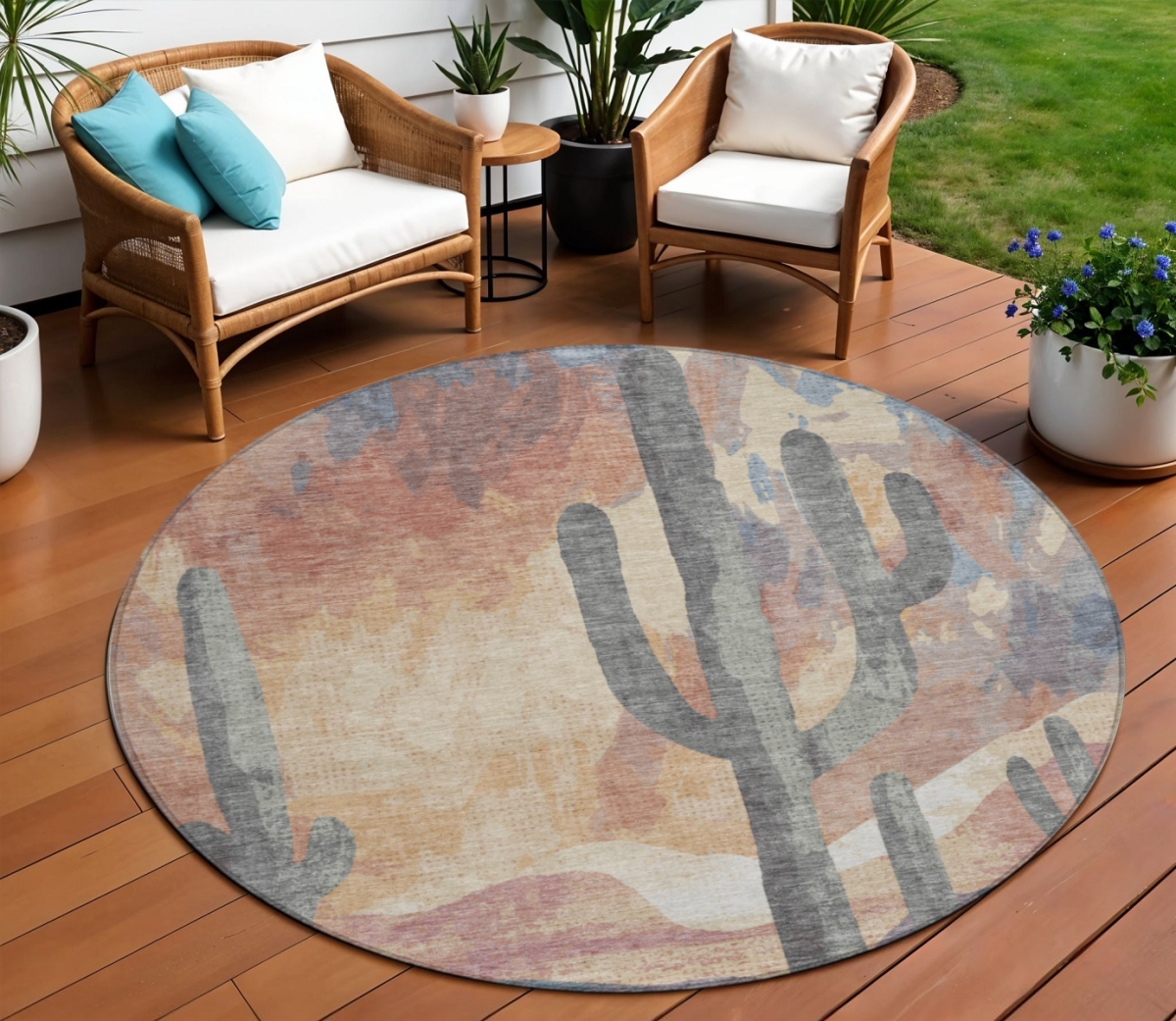 659985 8 ft. Copper Blue & Wheat Botanical Leaves Washable Transitional Indoor & Outdoor Round Area Rug
