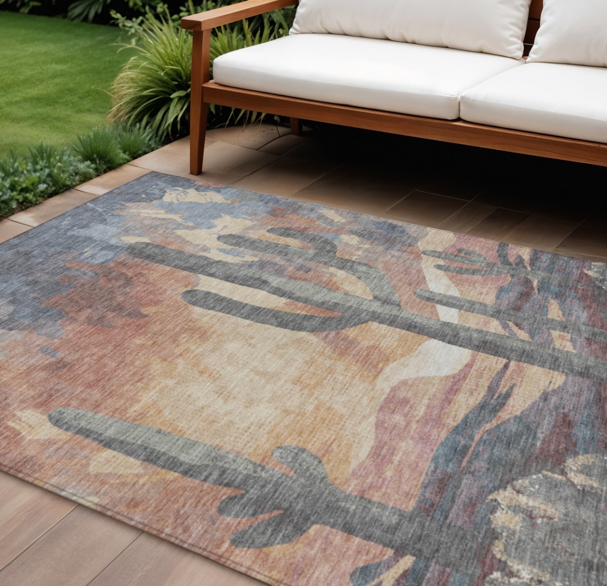 659987 9 x 12 ft. Copper Blue & Wheat Botanical Leaves Washable Transitional Indoor & Outdoor Rectangle Area Rug