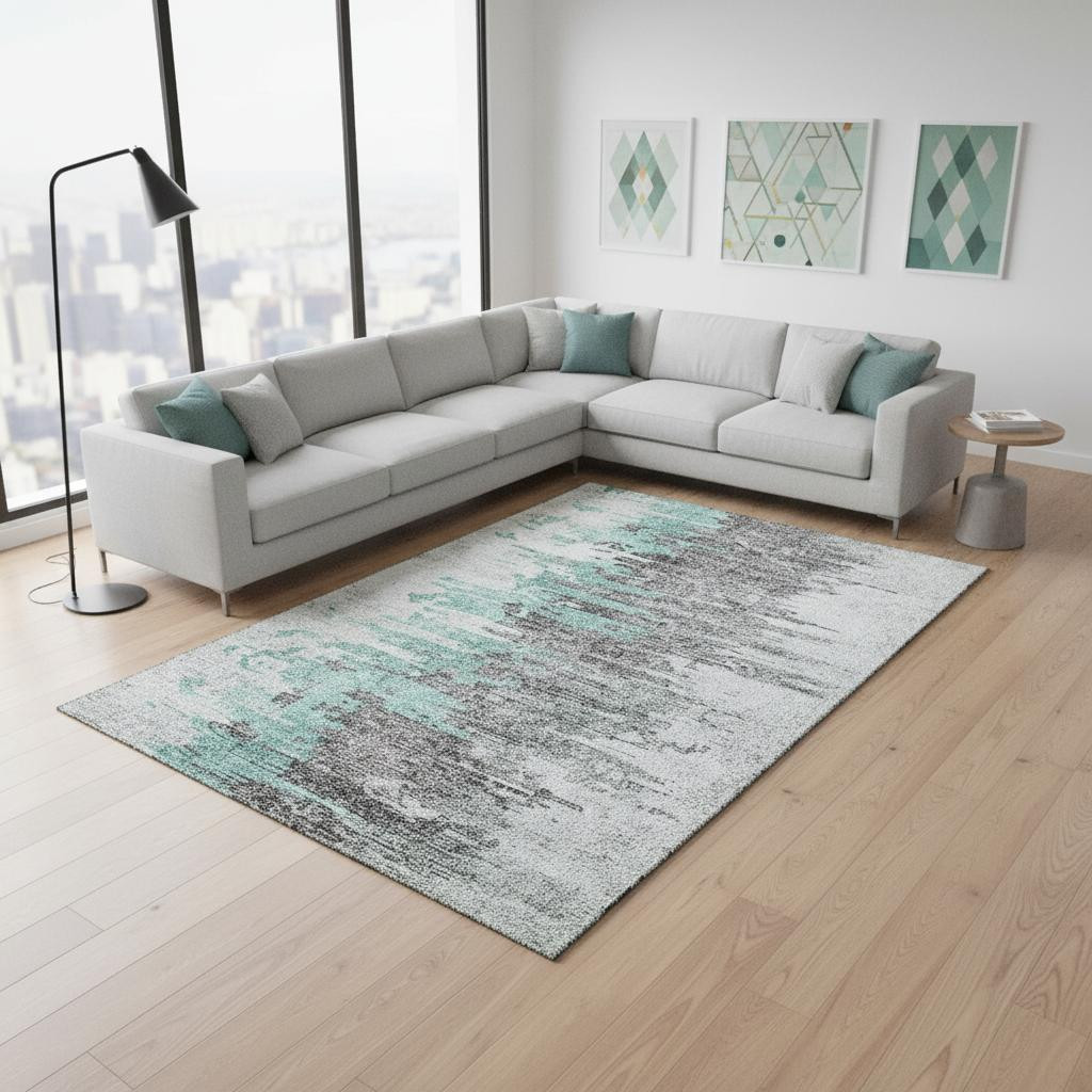 656963 10 x 14 ft. Teal, Gray & Ivory Abstract Transitional Washable Machine Made Rectangle Area Rug with UV Protection