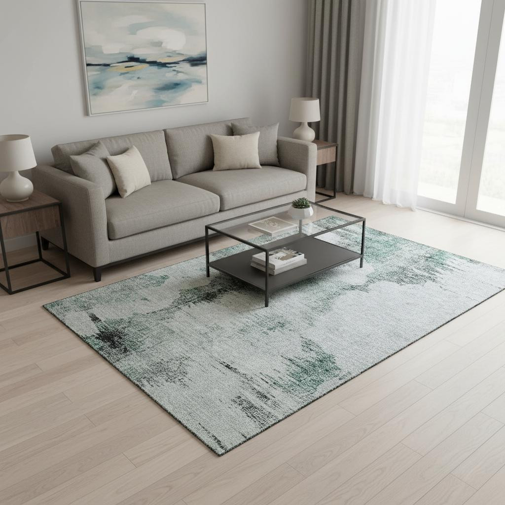 657235 5 x 8 ft. Teal, Gray & Ivory Abstract Transitional Washable Machine Made Rectangle Area Rug with UV Protection