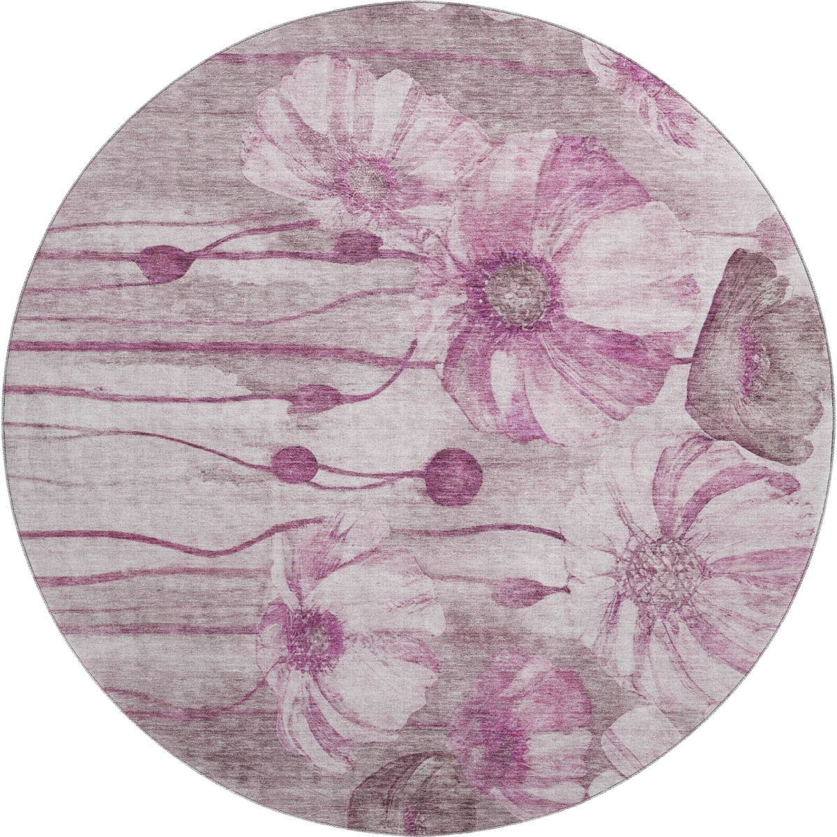657308 8 ft. Plum & Ivory Floral Transitional Washable Round Area Rug with UV Protection
