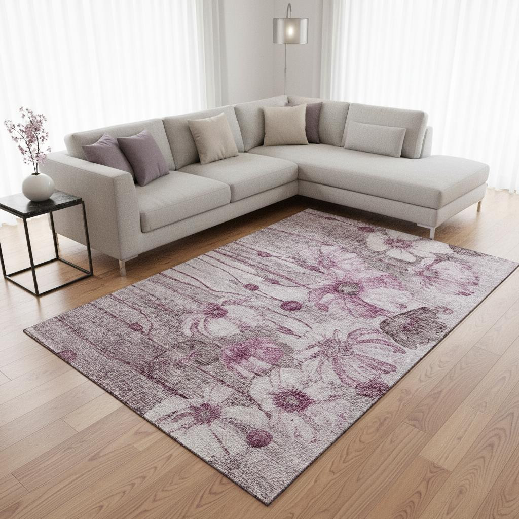 657309 8 x 10 ft. Plum & Ivory Floral Transitional Washable Machine Made Rectangle Area Rug with UV Protection