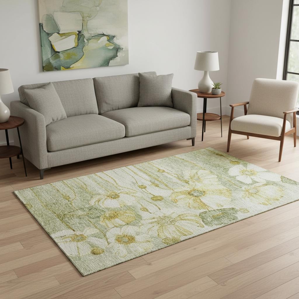 657319 5 x 8 ft. Sage Gold & Ivory Floral Washable Machine Made Rectangle Area Rug with UV Protection
