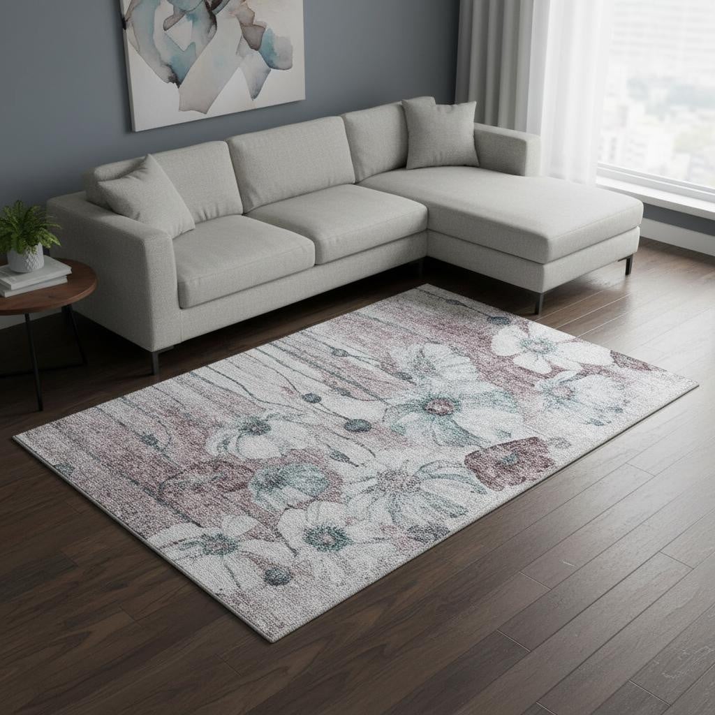 657329 10 x 14 ft. Teal Mauve & Ivory Floral Washable Machine Made Rectangle Area Rug with UV Protection