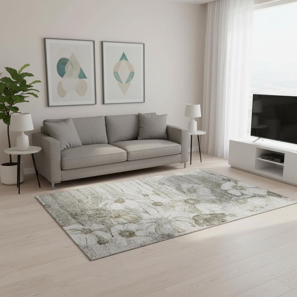 657331 5 x 8 ft. Taupe & Ivory Floral Transitional Washable Machine Made Rectangle Area Rug with UV Protection