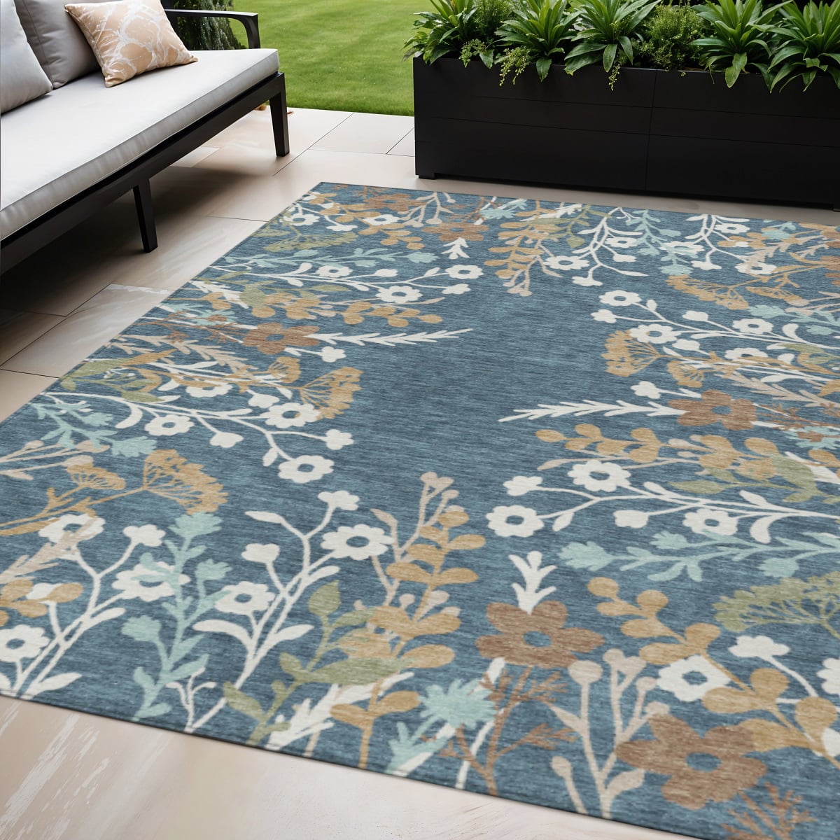659863 5 x 8 ft. Denim Blue Brown & Beige Floral Washable Transitional Indoor & Outdoor Rectangle Area Rug