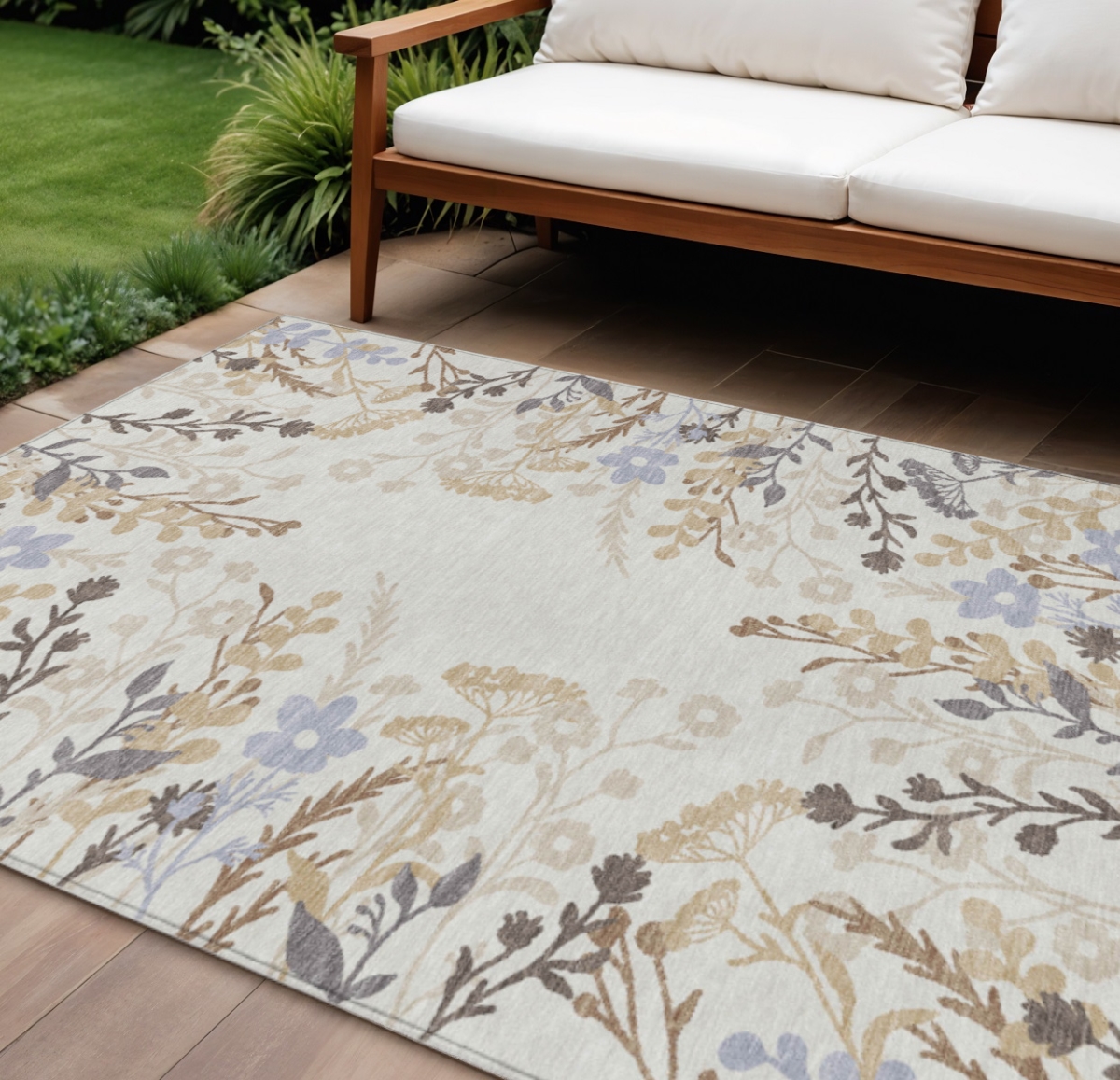 659885 10 x 14 ft. Ivory Khaki & Gray Floral Washable Transitional Indoor & Outdoor Rectangle Area Rug