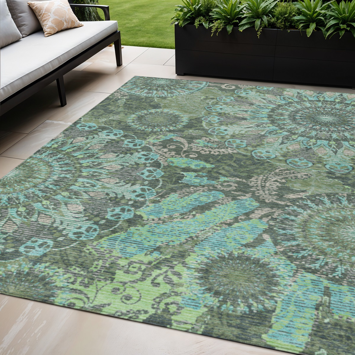 659929 5 x 8 ft. Olive Green Blue & Gray Paisley Washable Transitional Indoor & Outdoor Rectangle Area Rug