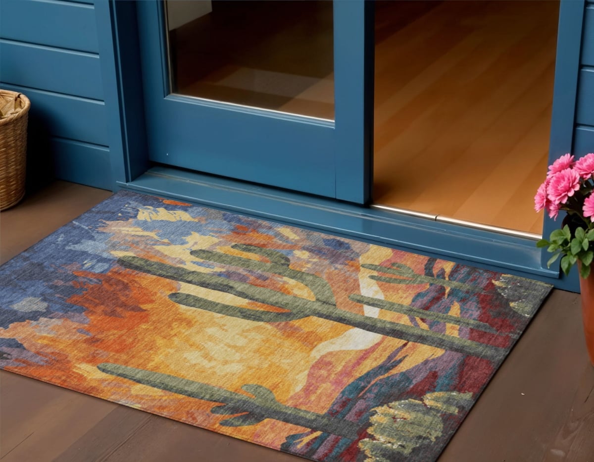 659995 3 x 5 ft. Terra Cotta Blue & Plum Botanical Leaves Washable Transitional Indoor & Outdoor Rectangle Area Rug