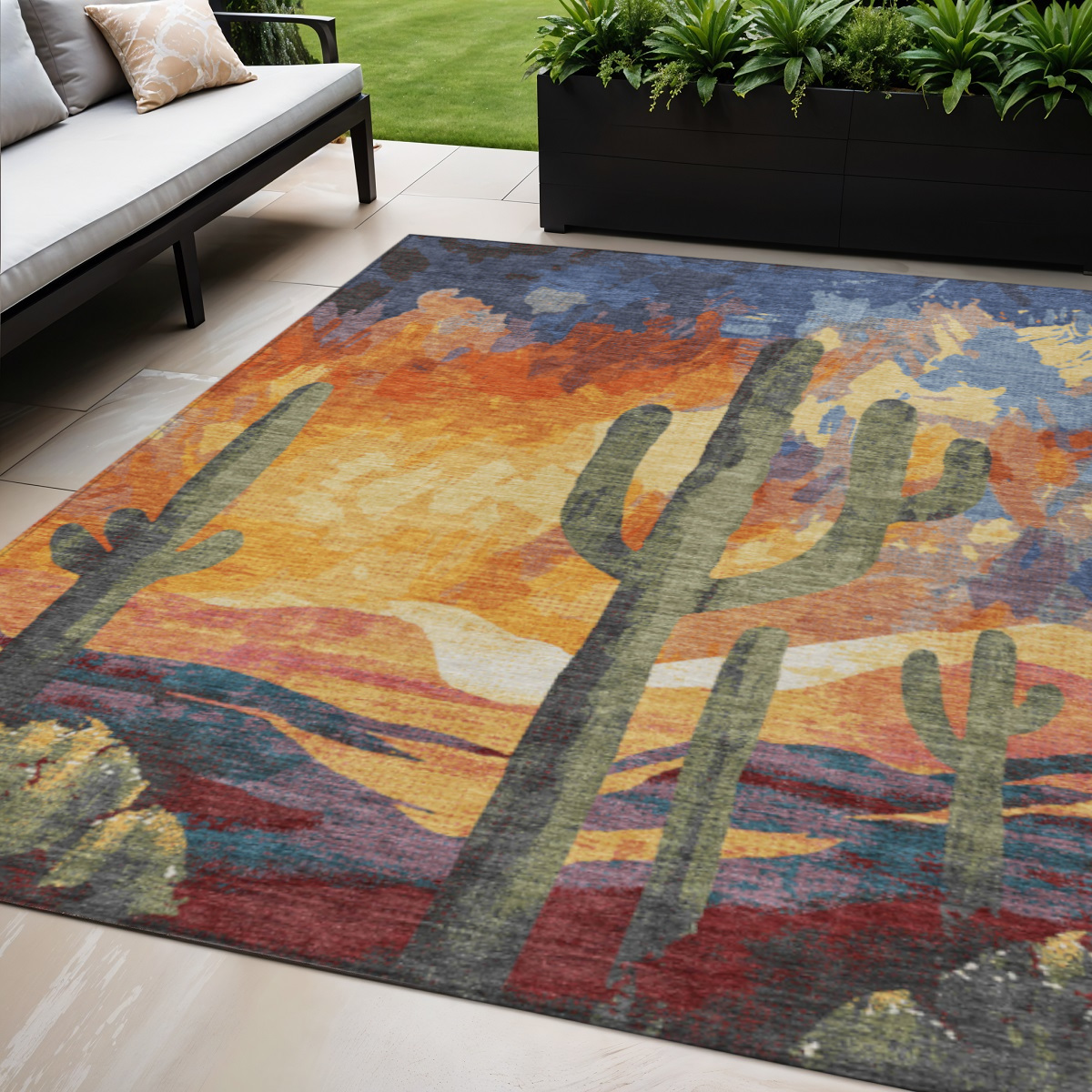 659996 5 x 8 ft. Terra Cotta Blue & Plum Botanical Leaves Washable Transitional Indoor & Outdoor Rectangle Area Rug