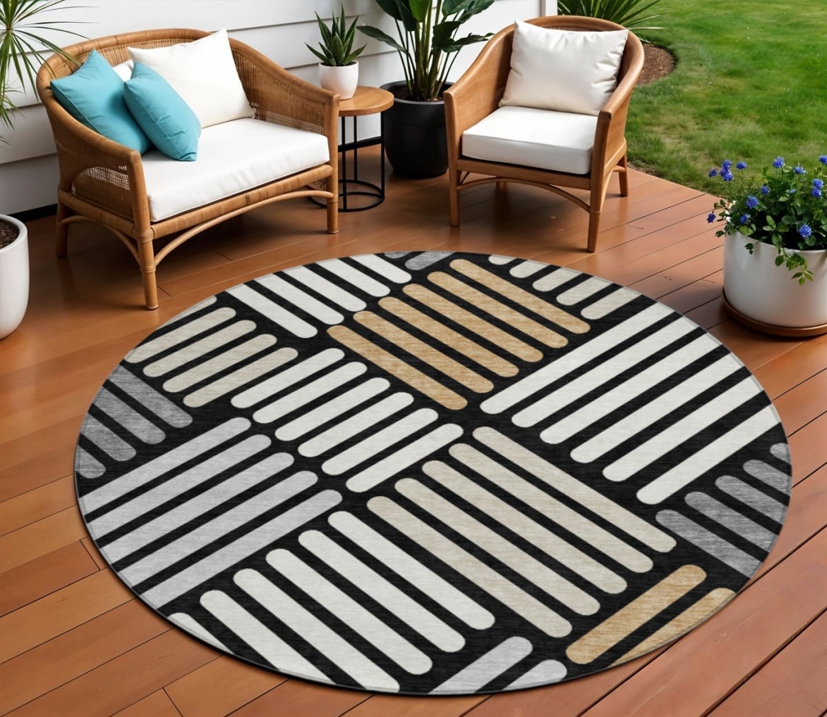 660387 8 ft. Black Beige & Ivory Geometric Washable Transitional Indoor & Outdoor Round Area Rug