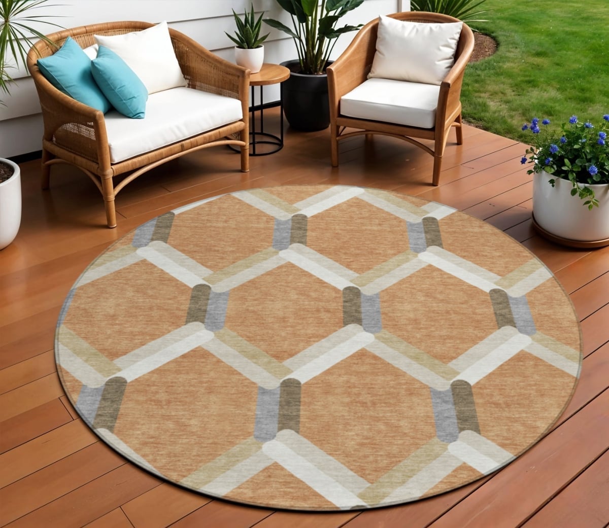 660579 8 ft. Copper, Ivory & Gray Geometric Washable Transitional Indoor & Outdoor Round Area Rug