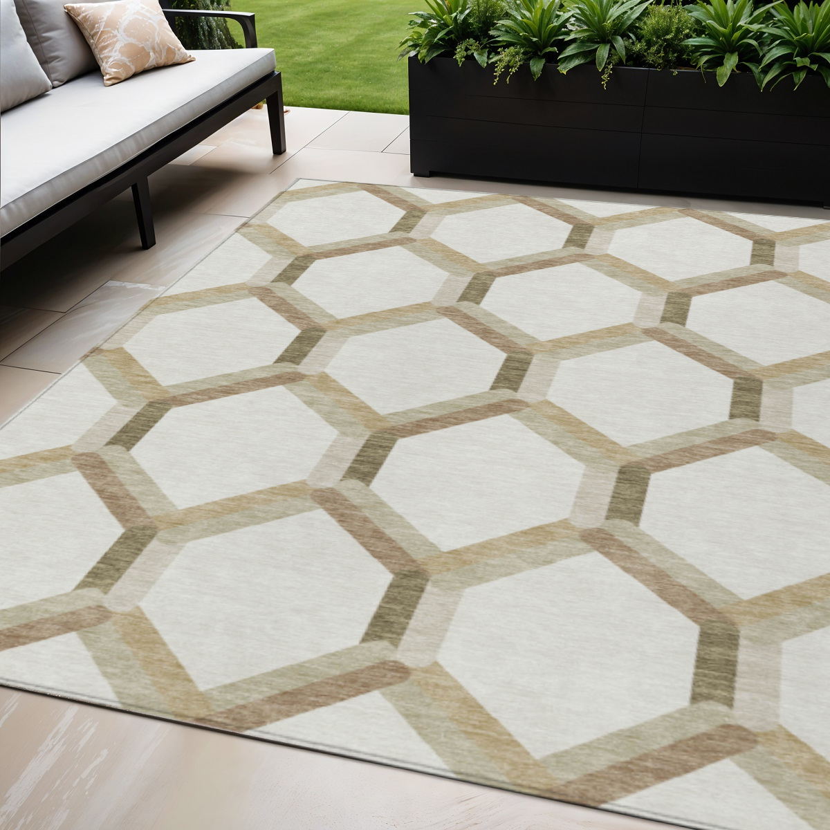 660584 5 x 8 ft. Ivory & Brown Geometric Washable Transitional Indoor & Outdoor Rectangle Area Rug