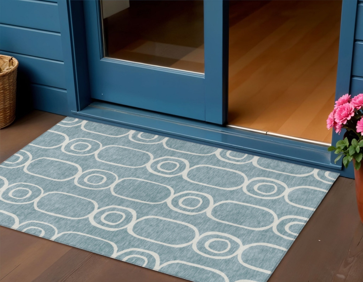 660601 3 x 5 ft. Aqua & Ivory Geometric Washable Transitional Indoor & Outdoor Rectangle Area Rug
