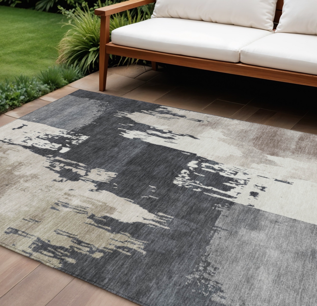 660834 10 x 14 ft. Charcoal Ivory & Beige Abstract Washable Contemporary Indoor & Outdoor Rectangle Area Rug