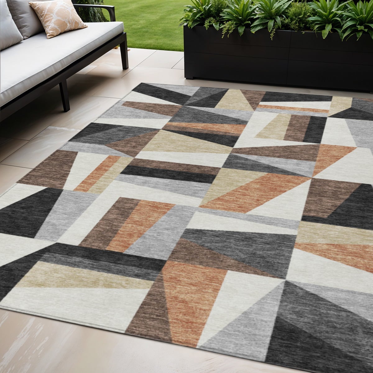 659533 5 x 8 ft. Gray Brown & White Geometric Washable Transitional Indoor & Outdoor Rectangle Area Rug