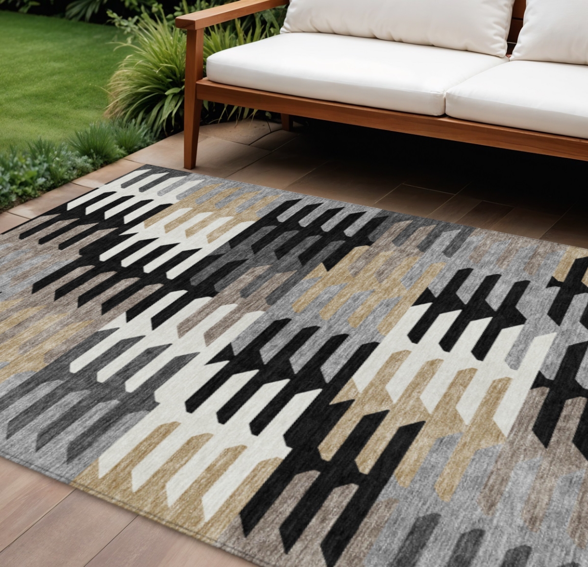 659554 9 x 12 ft. Black White & Wheat Geometric Washable Transitional Indoor & Outdoor Rectangle Area Rug
