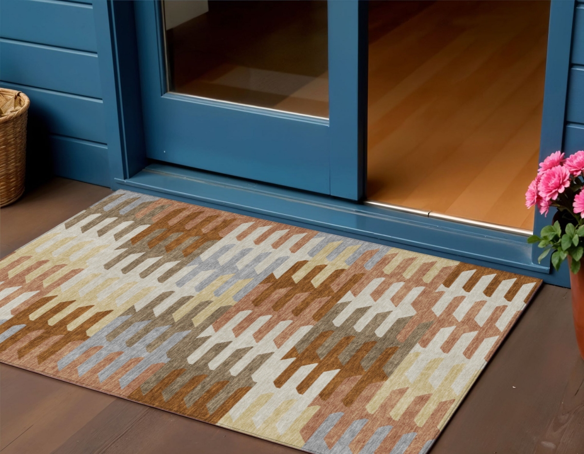 659556 3 x 5 ft. Copper Wheat & Beige Geometric Washable Transitional Indoor & Outdoor Rectangle Area Rug