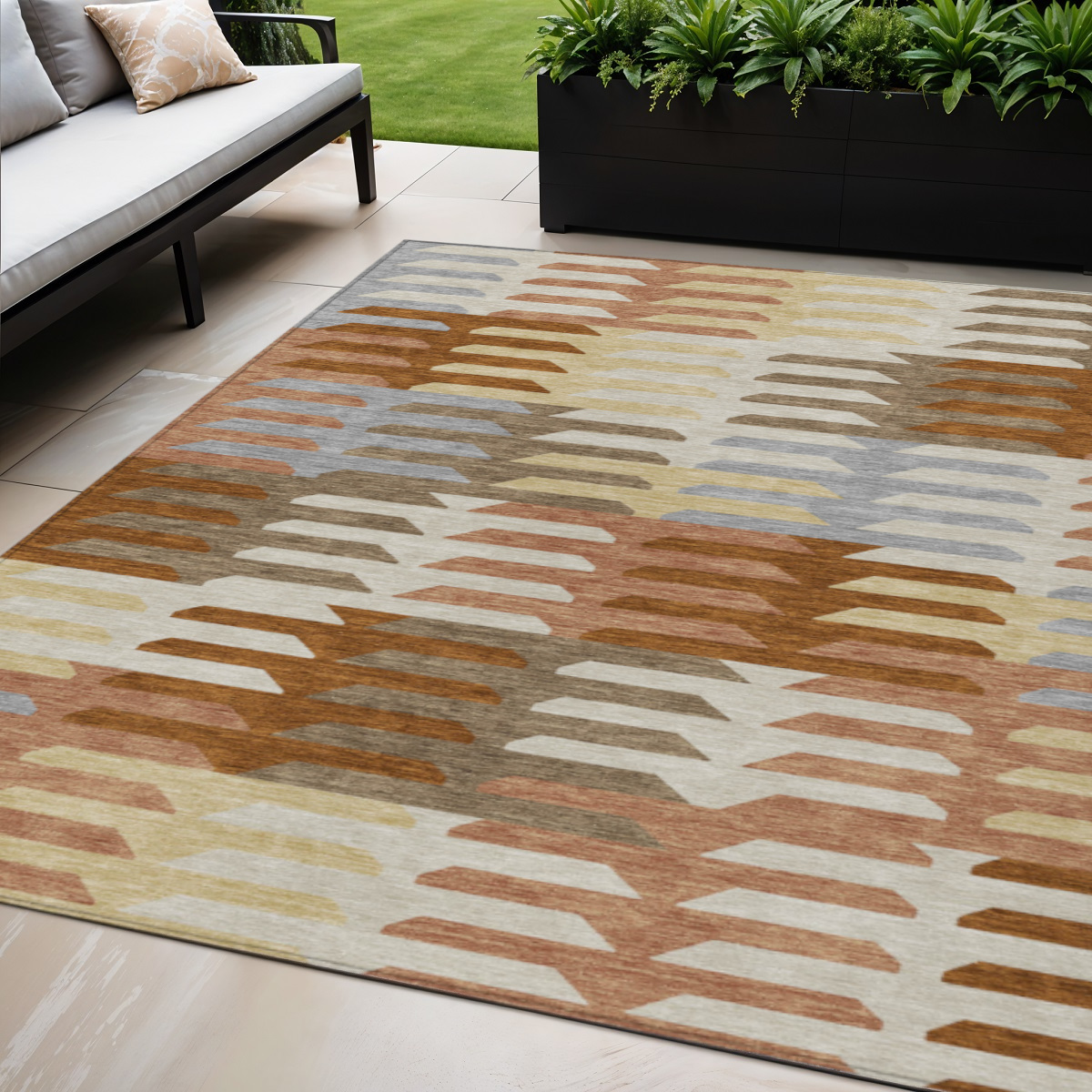 659557 5 x 8 ft. Copper Wheat & Beige Geometric Washable Transitional Indoor & Outdoor Rectangle Area Rug