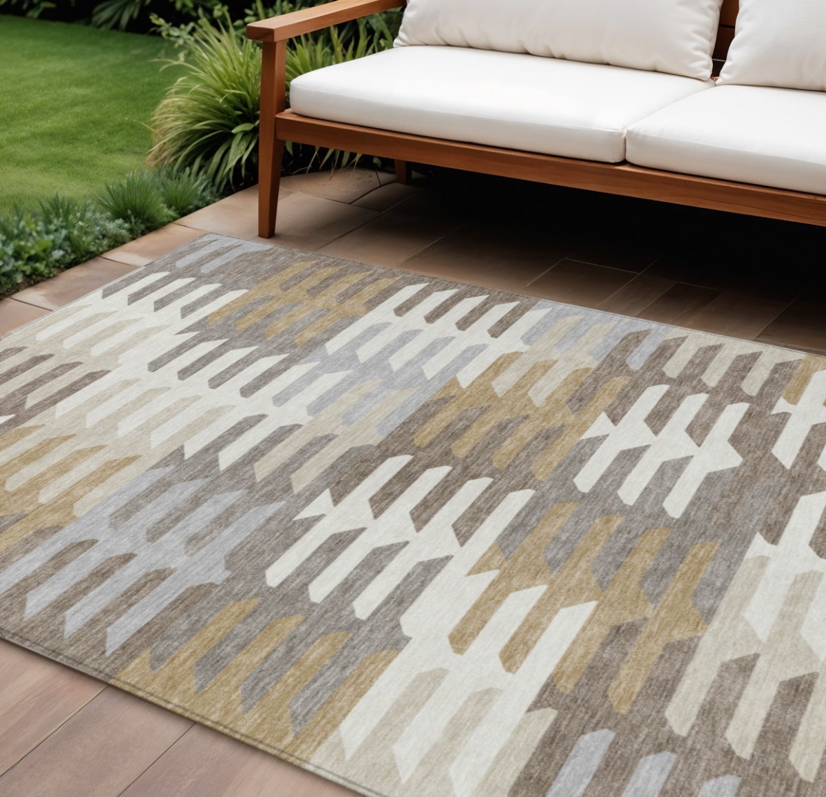 659591 10 x 14 ft. Taupe Gray & Ivory Geometric Washable Transitional Indoor & Outdoor Rectangle Area Rug