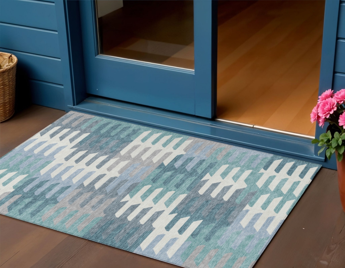 659592 3 x 5 ft. Teal Blue, Ivory & Gray Geometric Washable Transitional Indoor & Outdoor Rectangle Area Rug
