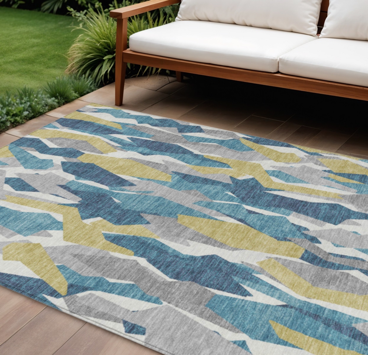 659645 10 x 14 ft. Teal Blue Yellow & Ivory Striped Washable Transitional Indoor & Outdoor Rectangle Area Rug