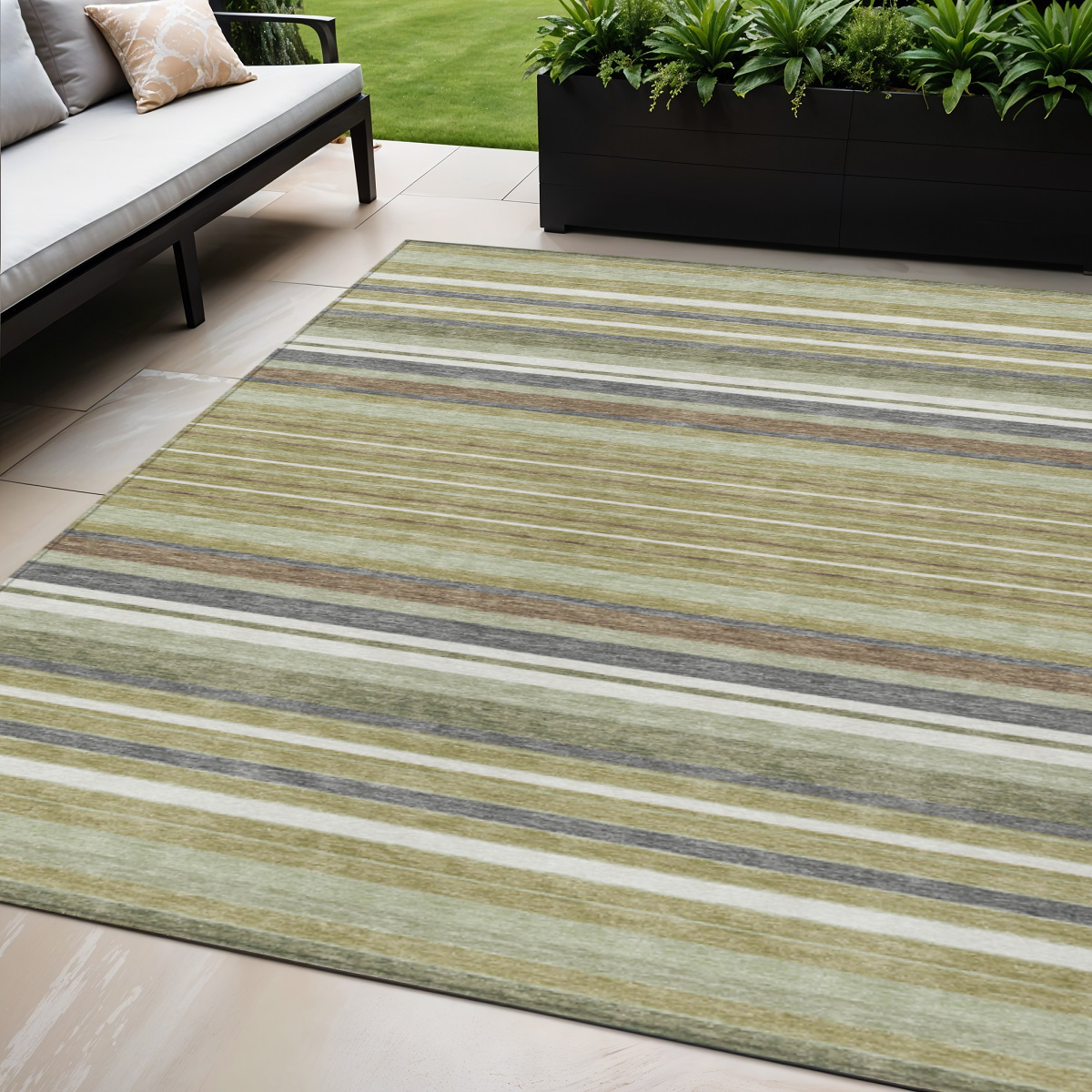659647 5 x 8 ft. Artichoke Green Pewter & Ivory Striped Washable Transitional Indoor & Outdoor Rectangle Area Rug