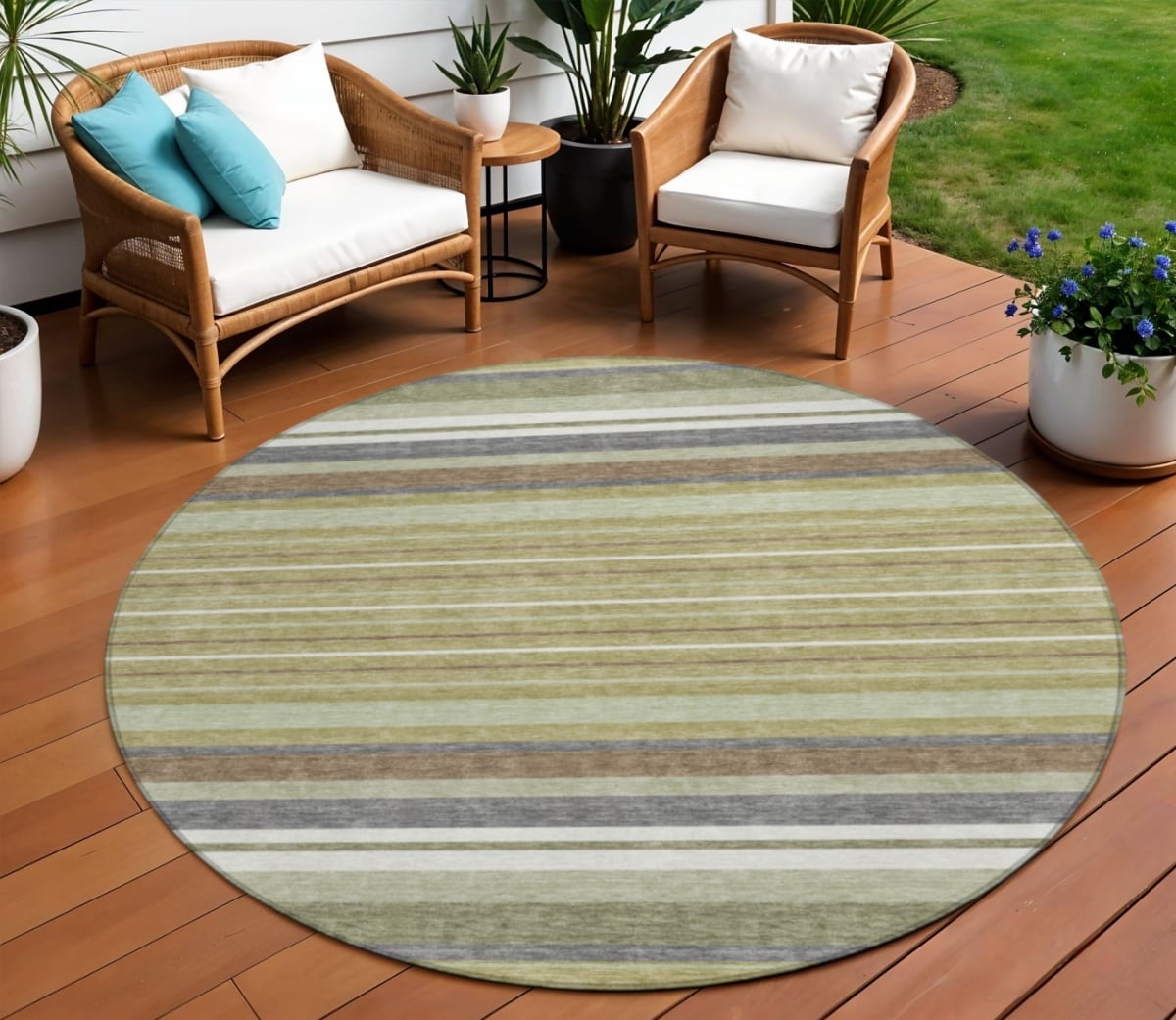 659648 8 ft. Artichoke Green Pewter & Ivory Striped Washable Transitional Indoor & Outdoor Round Area Rug