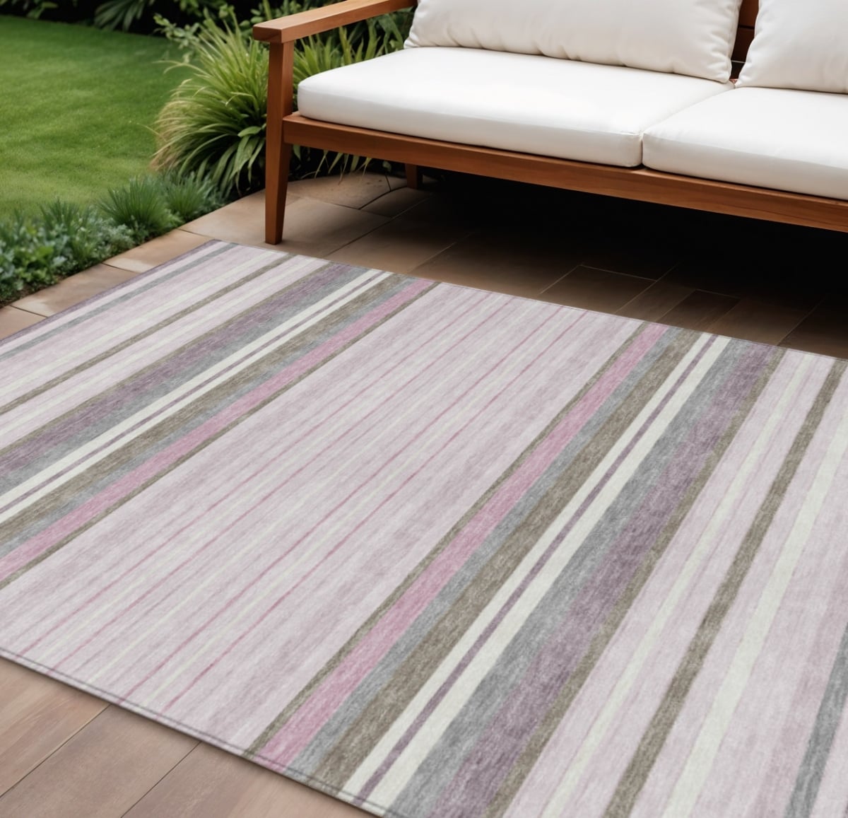 659655 8 x 10 ft. Blush Purple & Ivory Striped Washable Transitional Indoor & Outdoor Rectangle Area Rug