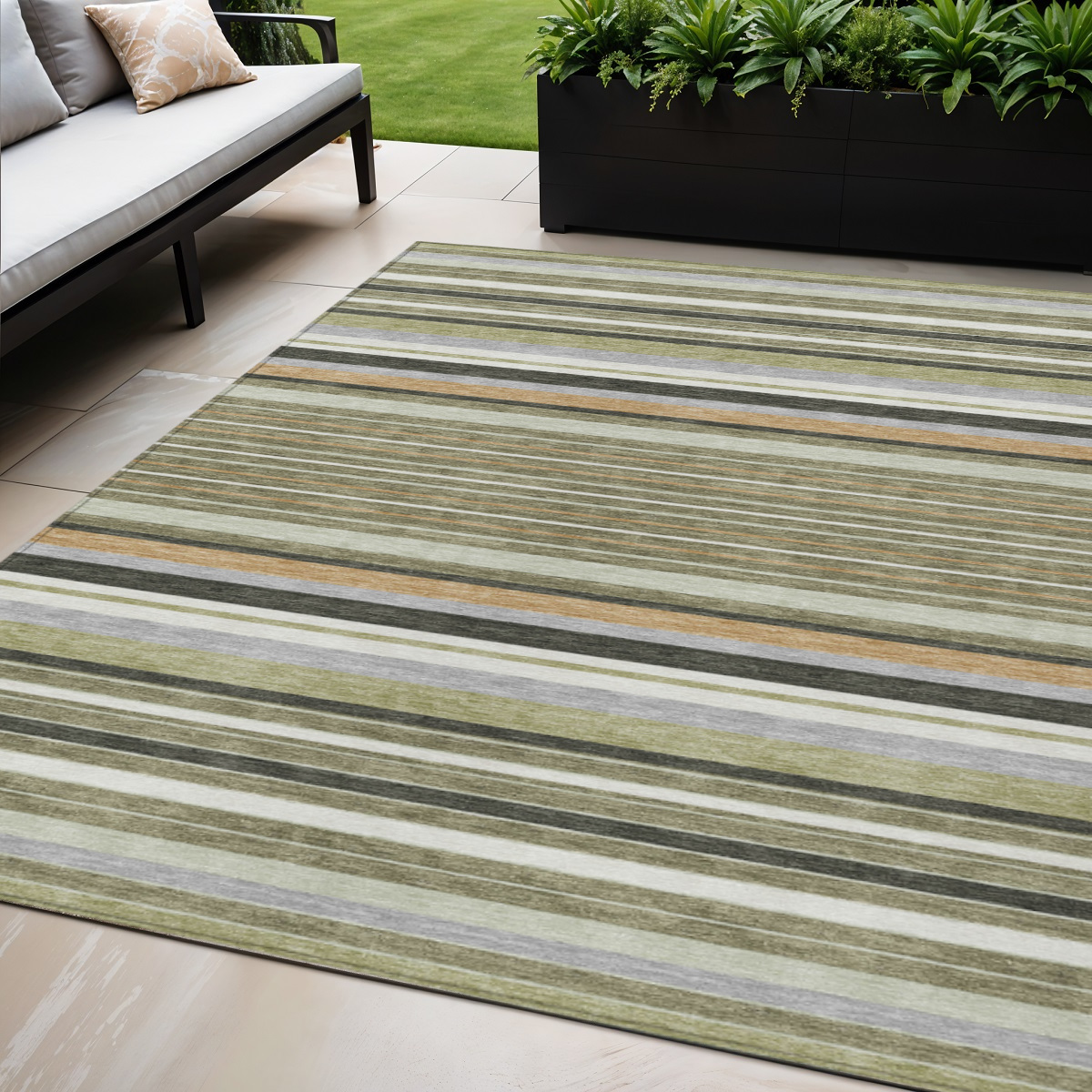 659671 5 x 8 ft. Olive Green Copper & Ivory Striped Washable Transitional Indoor & Outdoor Rectangle Area Rug