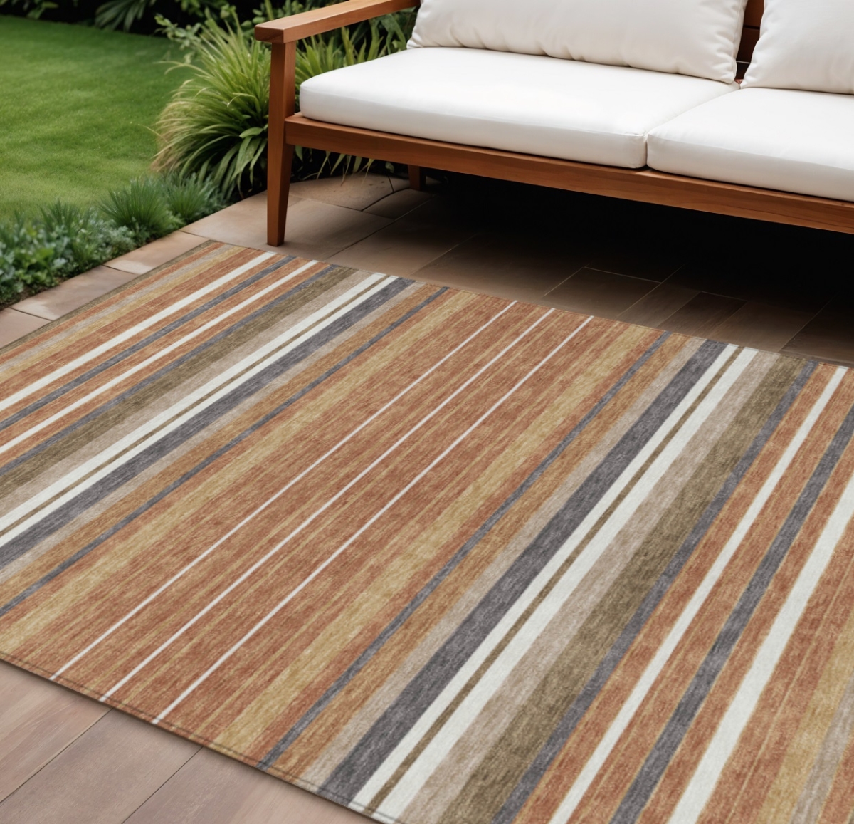 659681 10 x 14 ft. Chili Red Ivory & Gold Striped Washable Transitional Indoor & Outdoor Rectangle Area Rug