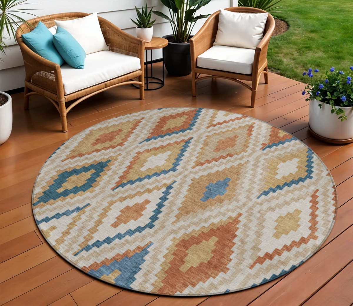 659702 8 ft. Beige Blue & Terra Cotta Geometric Washable Transitional Indoor & Outdoor Round Area Rug