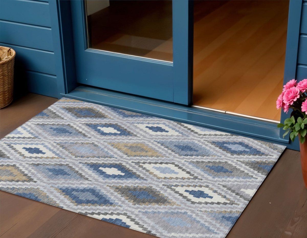 659718 3 x 5 ft. Denim Blue, Gray & Ivory Geometric Washable Transitional Indoor & Outdoor Rectangle Area Rug