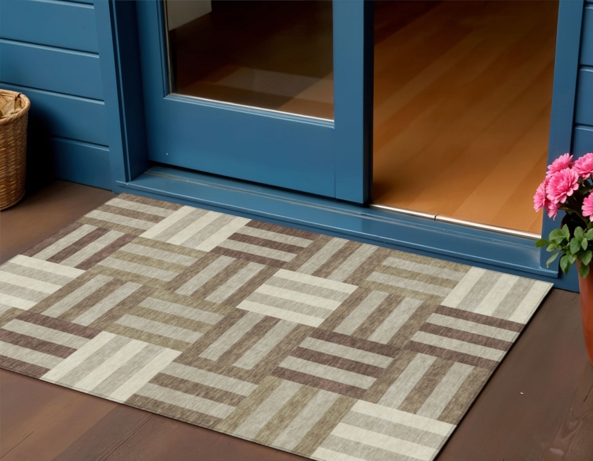 659754 3 x 5 ft. Brown, Beige & Ivory Geometric Washable Transitional Indoor & Outdoor Rectangle Area Rug