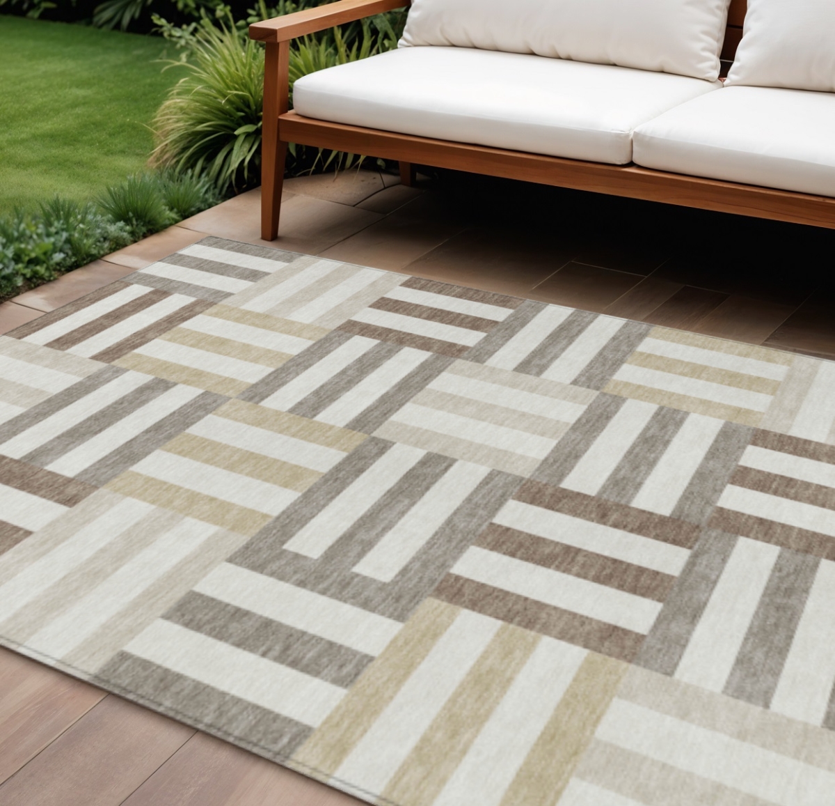 659771 10 x 14 ft. Ivory, Gray & Brown Geometric Washable Transitional Indoor & Outdoor Rectangle Area Rug