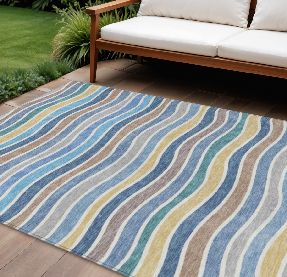 659807 10 x 14 ft. Blue, Ivory & Gold Striped Washable Transitional Indoor & Outdoor Rectangle Area Rug