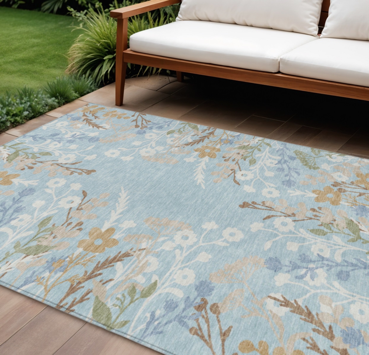 659903 10 x 14 ft. Sky Blue, Ivory & Brown Floral Washable Transitional Indoor & Outdoor Rectangle Area Rug