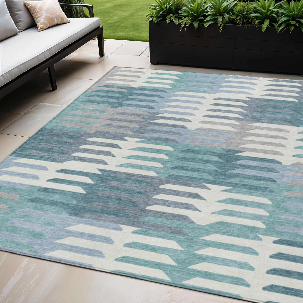 659593 5 x 8 ft. Teal Blue, Ivory & Gray Geometric Washable Transitional Indoor & Outdoor Rectangle Area Rug