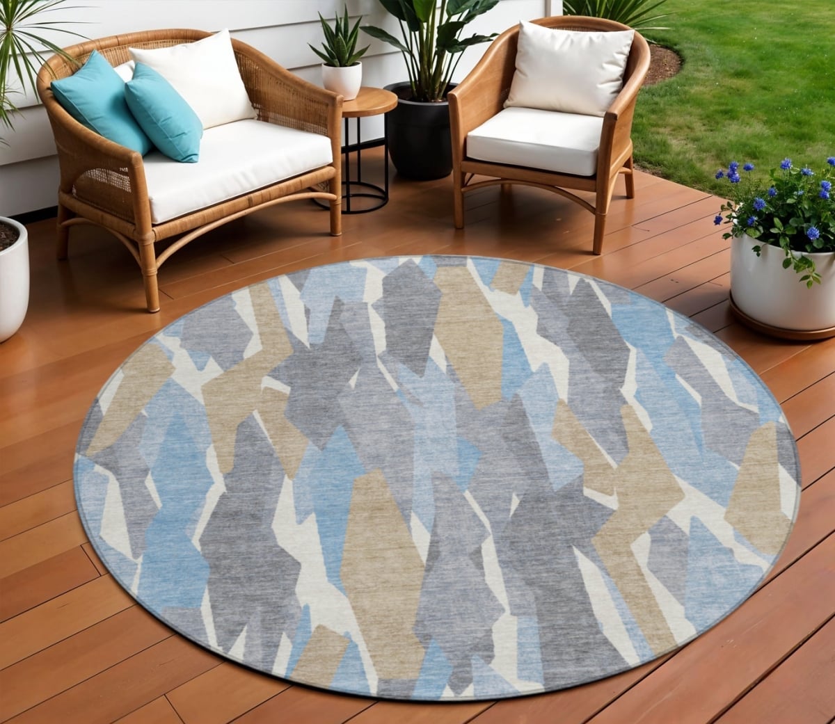 659606 8 ft. Denim Blue Khaki & Ivory Striped Washable Transitional Indoor & Outdoor Round Area Rug