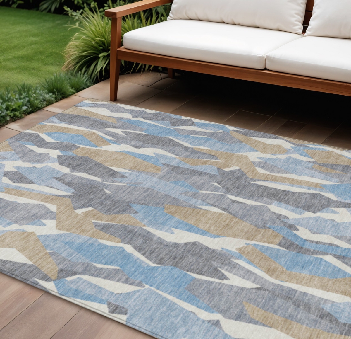 659607 8 x 10 ft. Denim Blue Khaki & Ivory Striped Washable Transitional Indoor & Outdoor Rectangle Area Rug